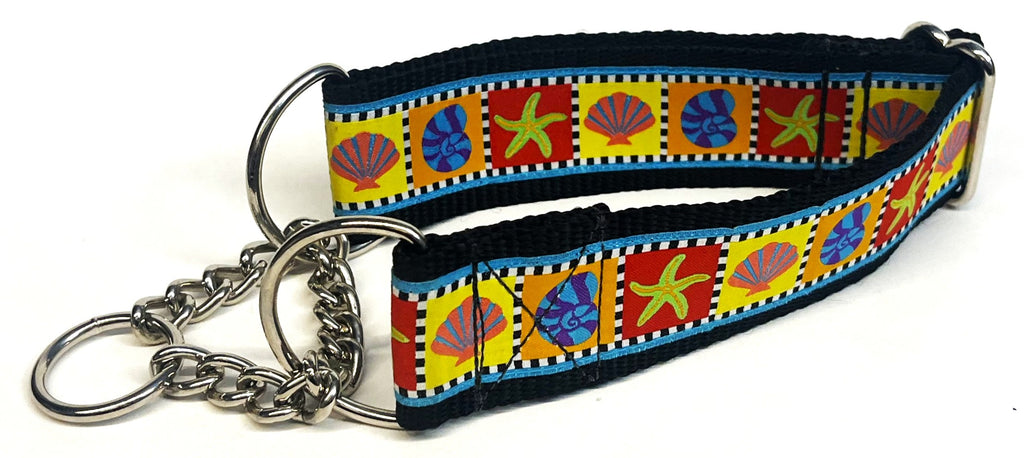 Blue Checkered Border with Starfish and Shells Chain Martingale Collar 1 1/2 in