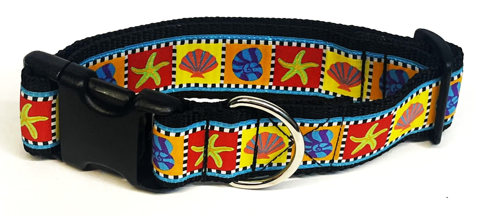 Blue Checkered Border with Starfish and Shells Dog Collar 1 1/2 in