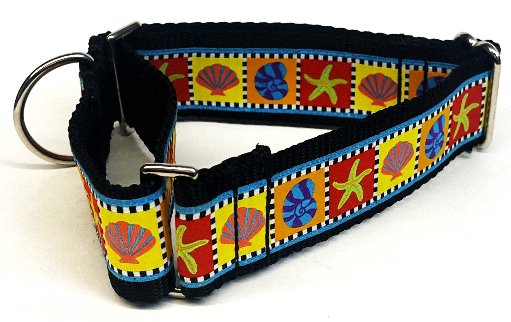 Blue Checkered Border with Starfish and Shells Martingale Collar 1 1/2 in