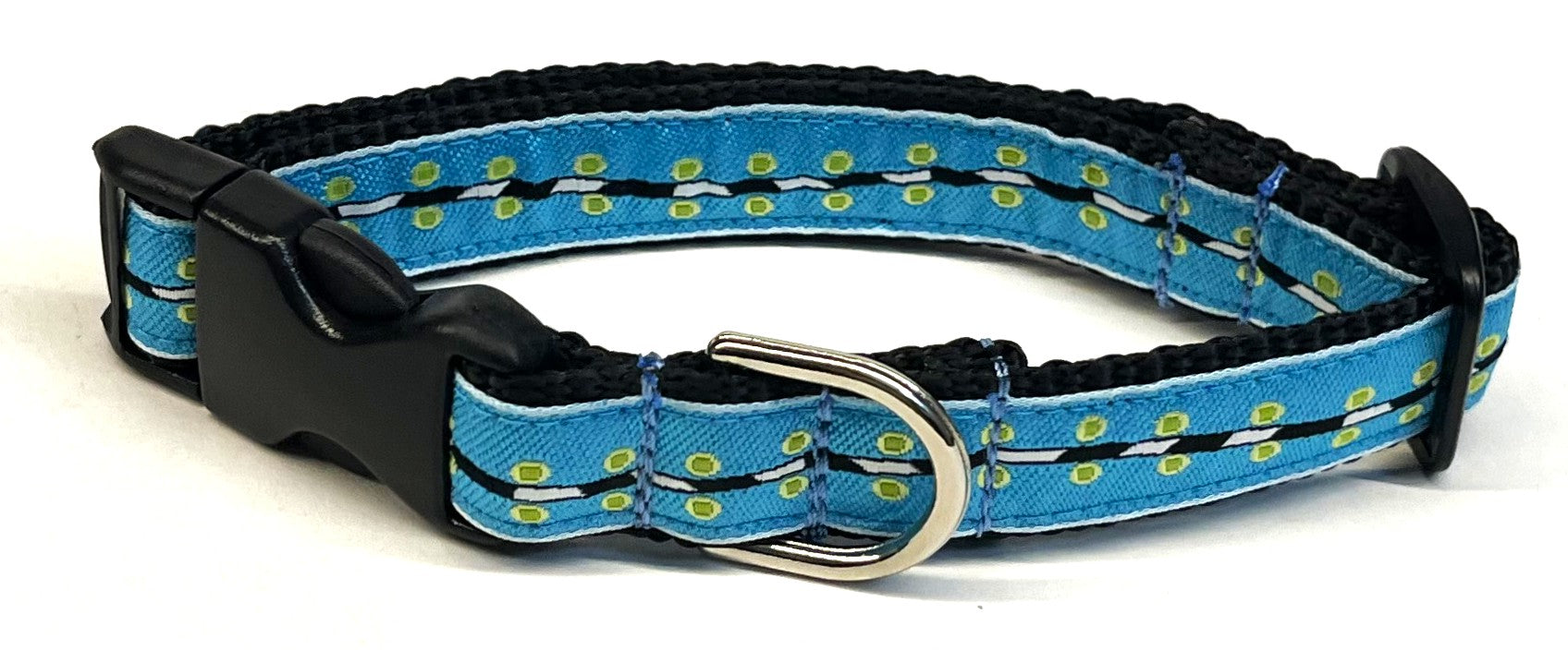 Turquoise with Green Dots and Wavy Stripe Dog Collar 3/4