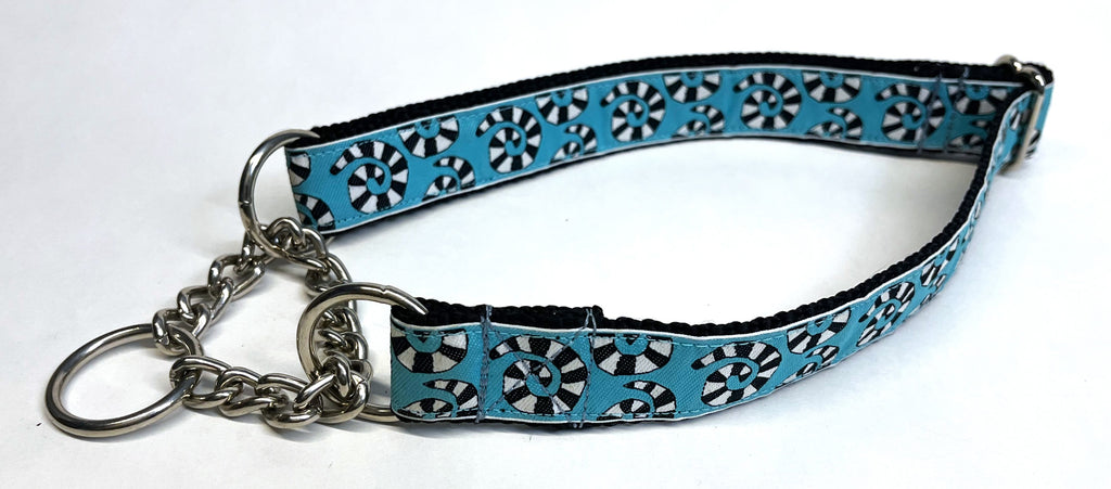 Blue with Black and White Swirls Chain Martingale Collar 1in