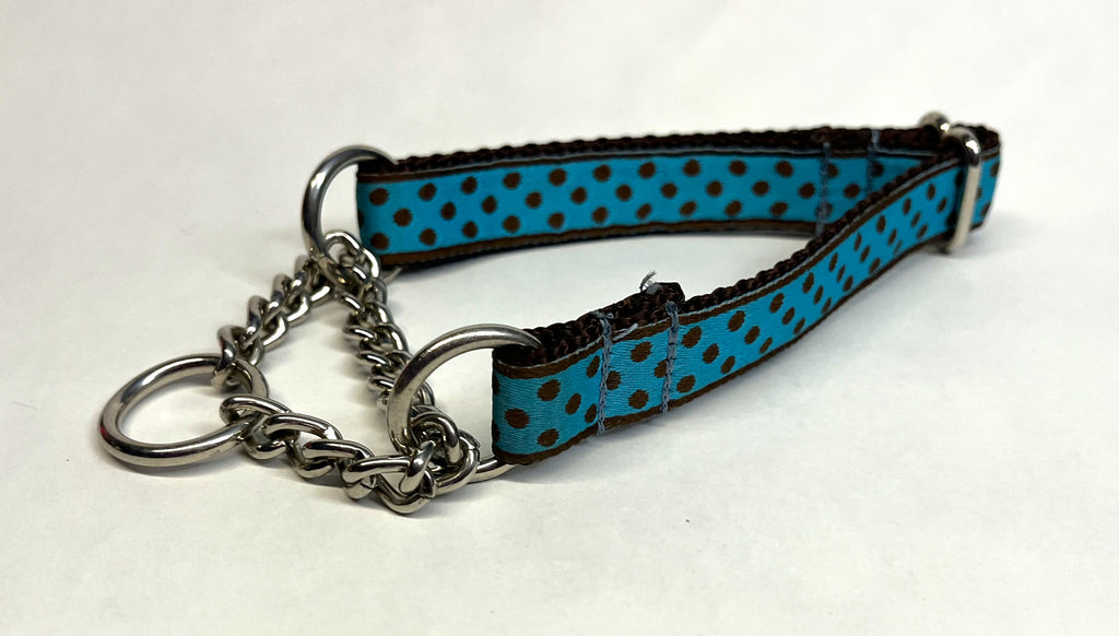 Blue with Brown Polka Dots Chain Martingale Collar 3/4