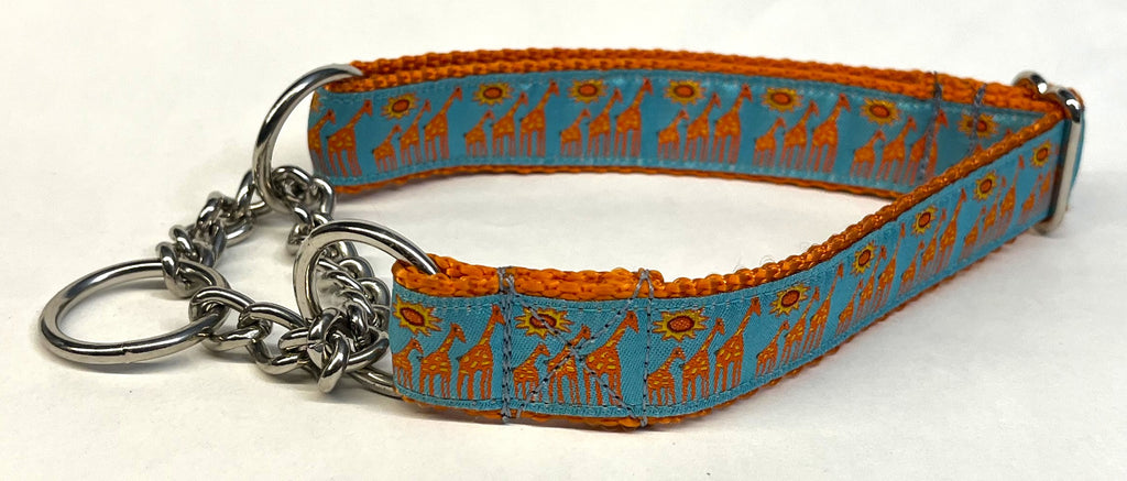 Blue with Giraffes and Suns Chain Martingale Collar 1in