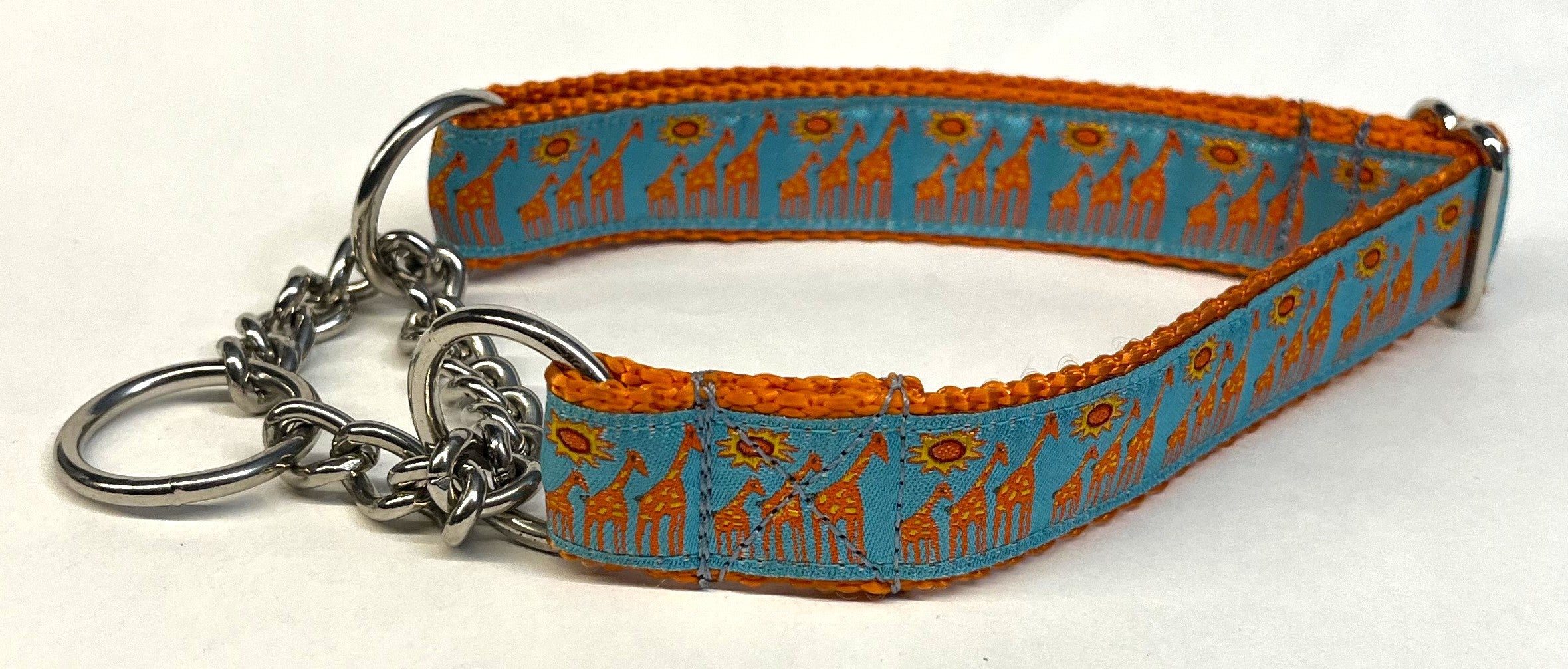 Blue with Giraffes and Suns Chain Martingale Collar 1in