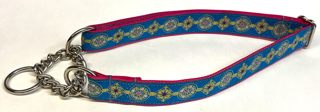 Blue with Gold Medallion Designs Chain Martingale Collar 1in
