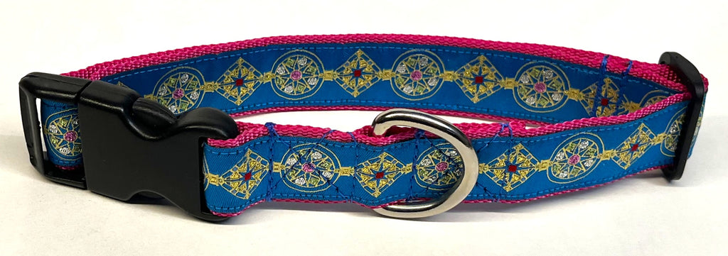 Blue with Gold Medallion Designs Dog Collar 1in