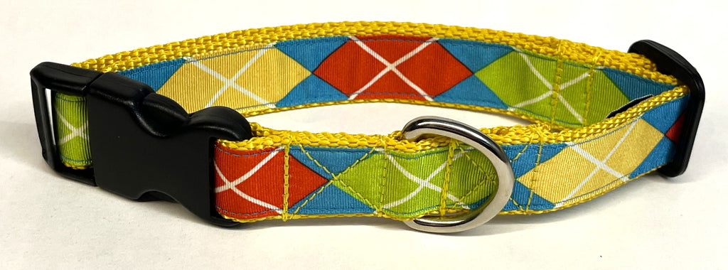 Blue with Green, Yellow, Red Argyle Design Dog Collar 1in