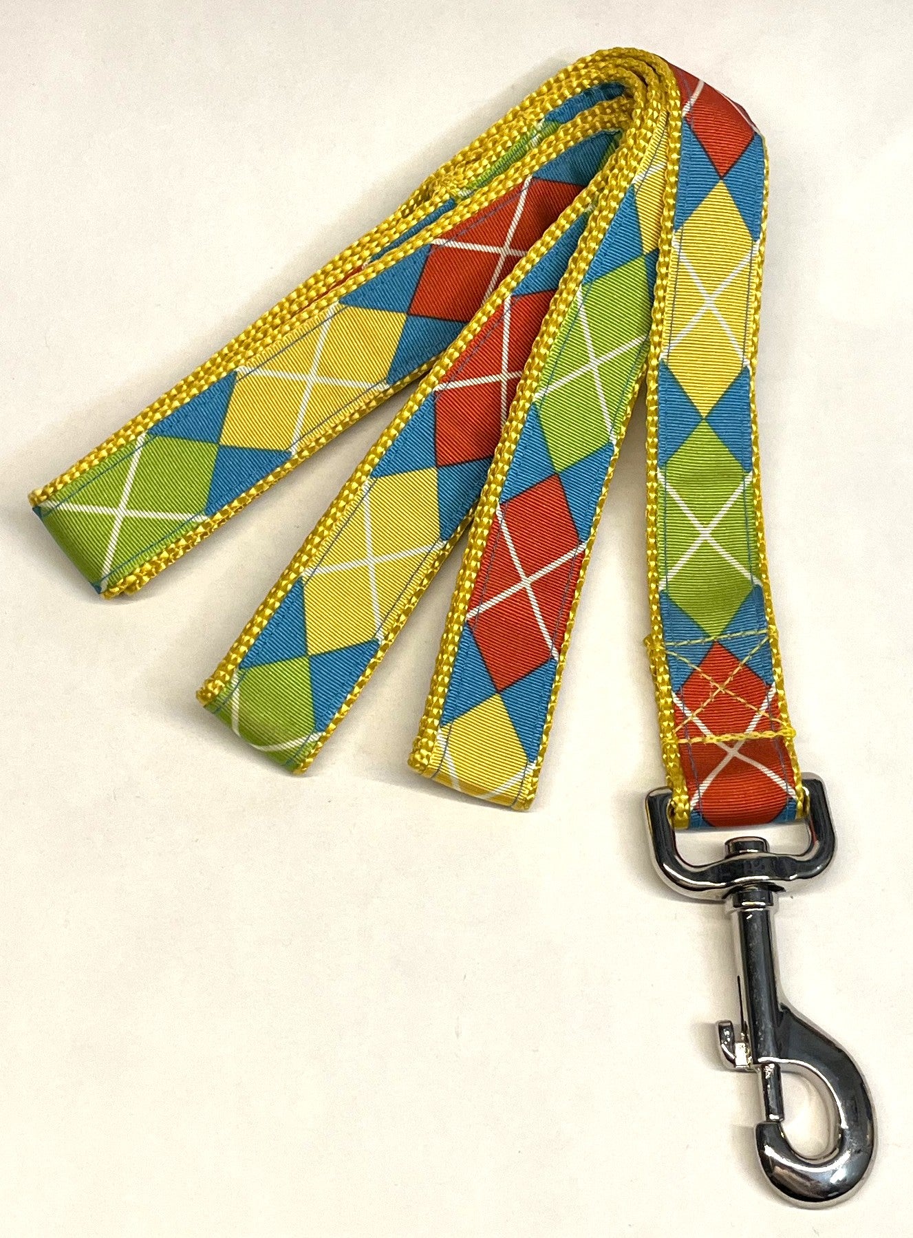 Blue with Green, Yellow, Red Argyle Design Dog Leash 1in