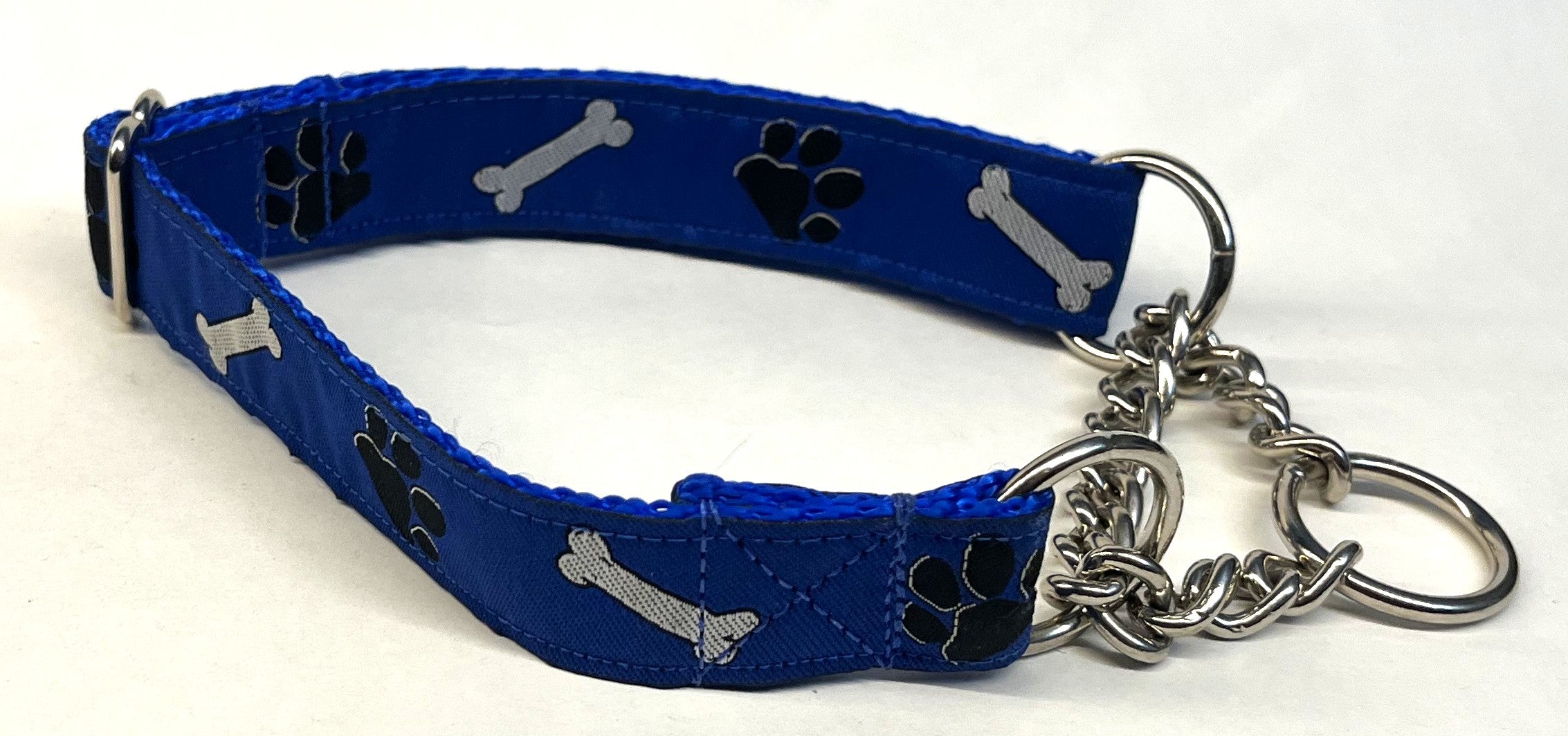 Blue with Paws and Bones Chain Martingale Collar 1in