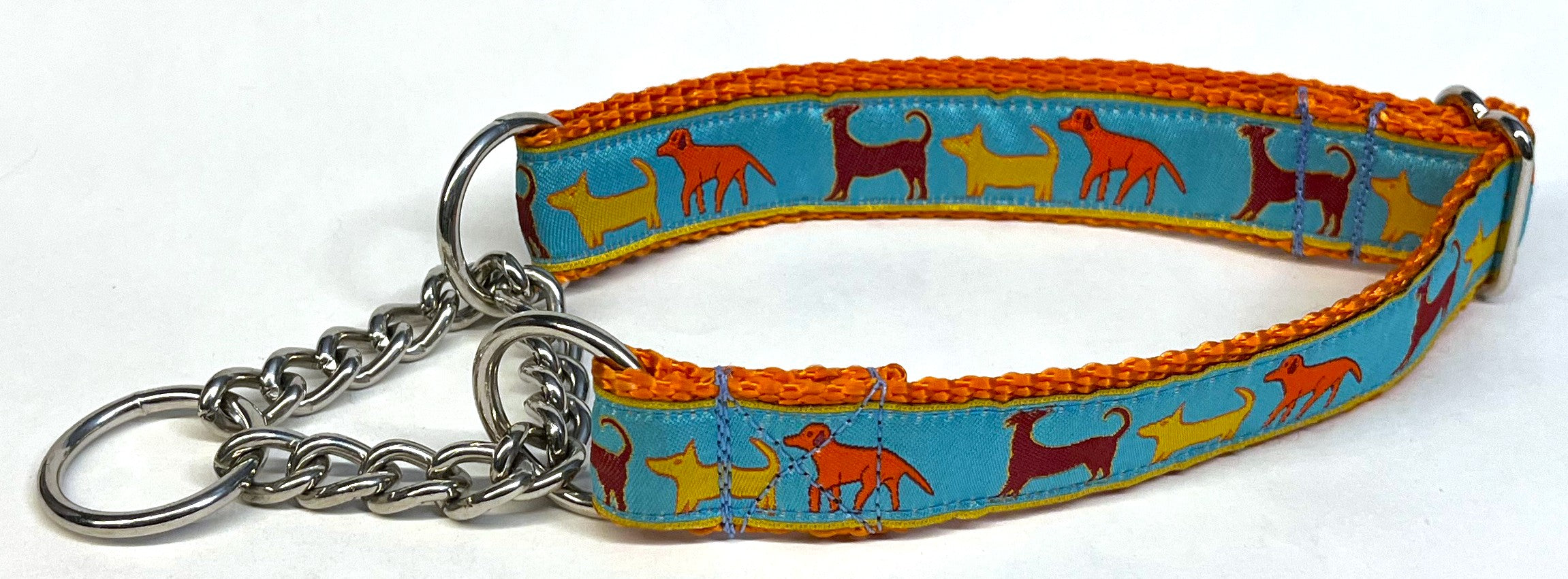 Blue with Red, Yellow, and Red Dogs Chain Martingale Collar 1in