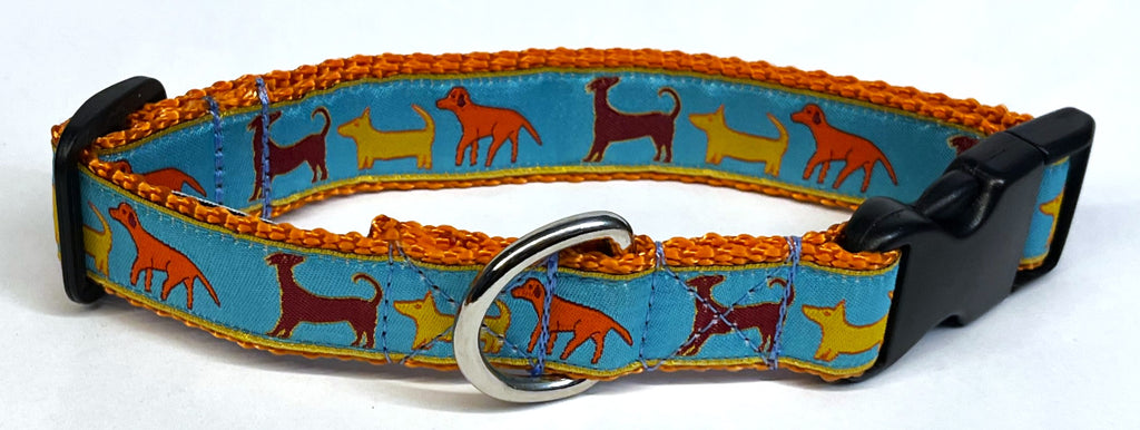 Blue with Red, Yellow, and Red Dogs Dog Collar 1in