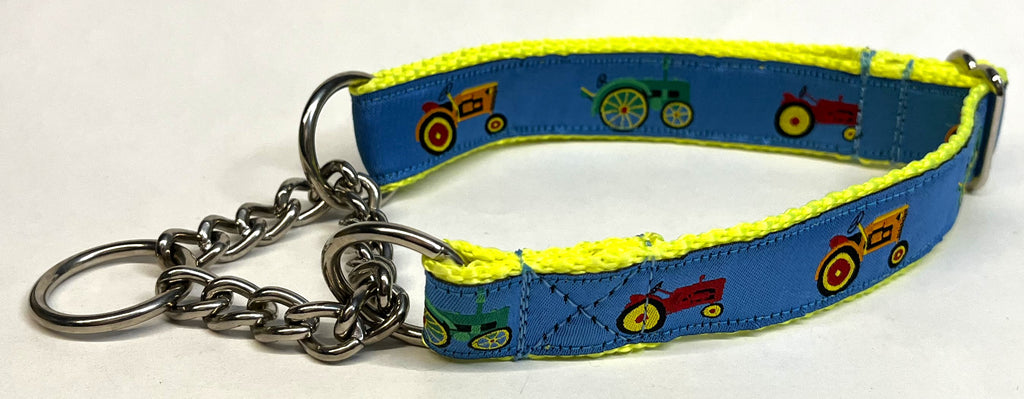 Blue with Tractors Chain Martingale Collar 1in