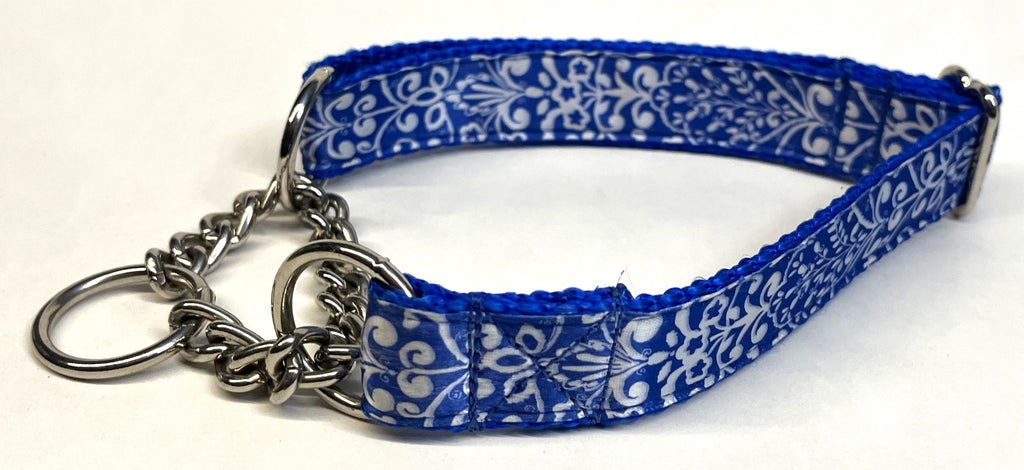 Blue with White Leaf Pattern Chain Martingale Collar 1in