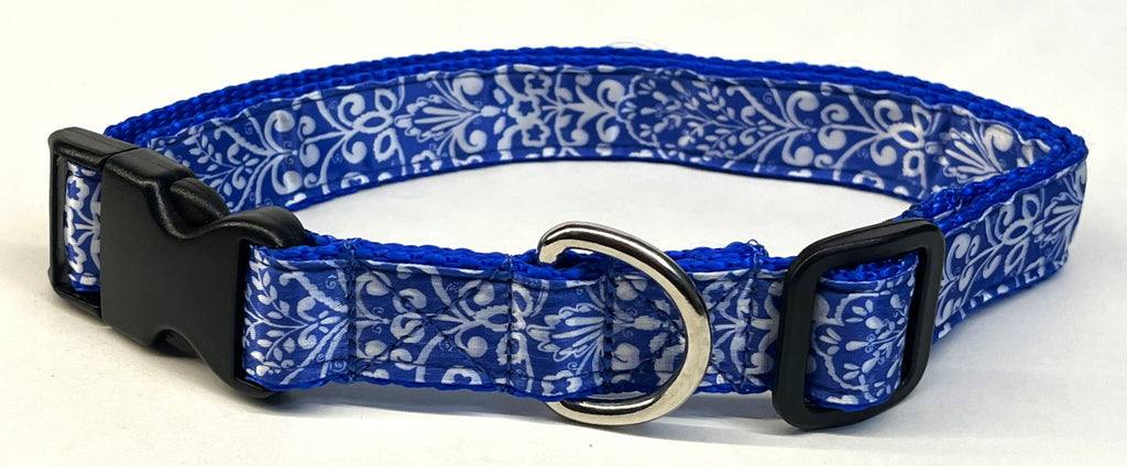 Blue with White Leaf Pattern Dog Collar 1in