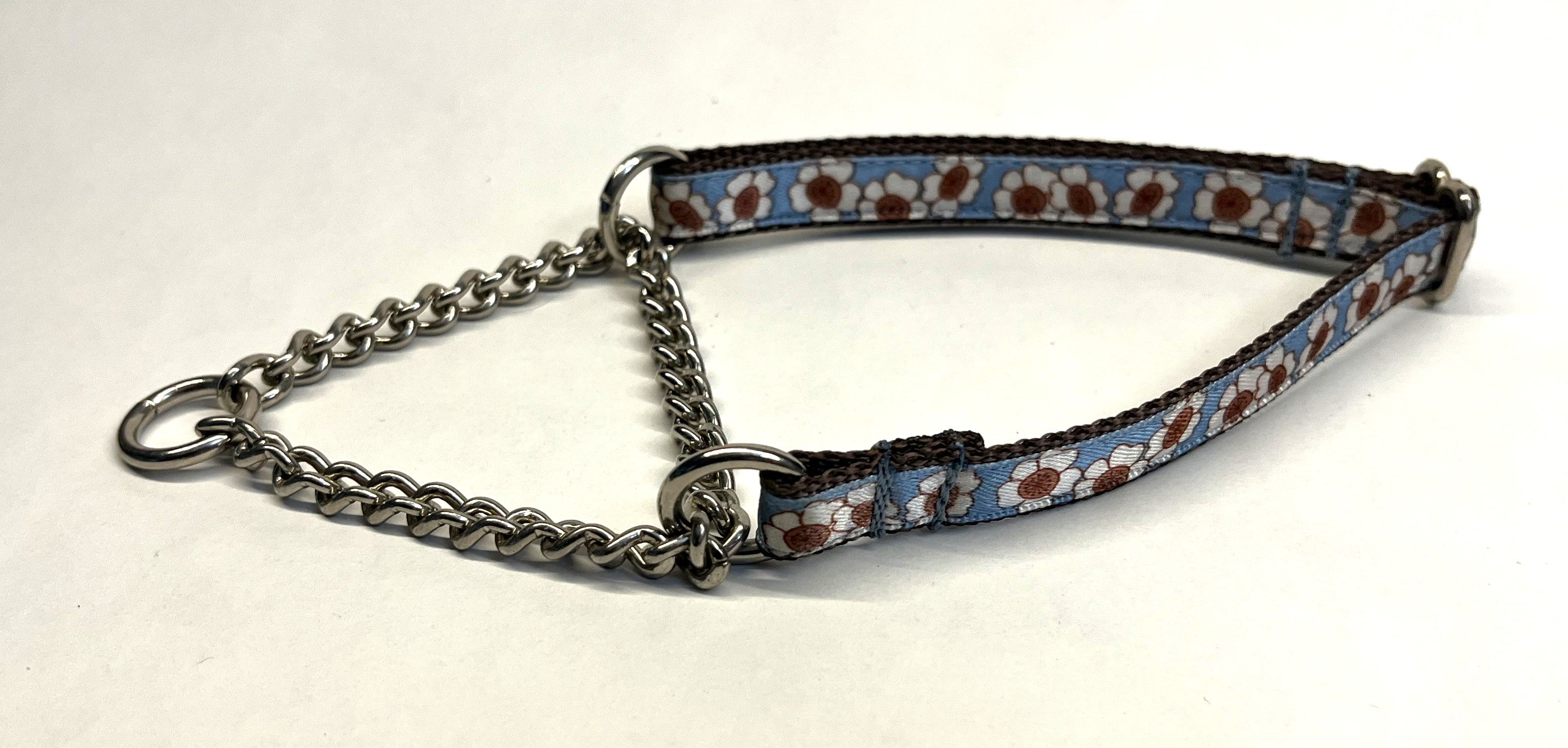 Blue with White and Brown Flowers Chain Martingale Collar 1/2