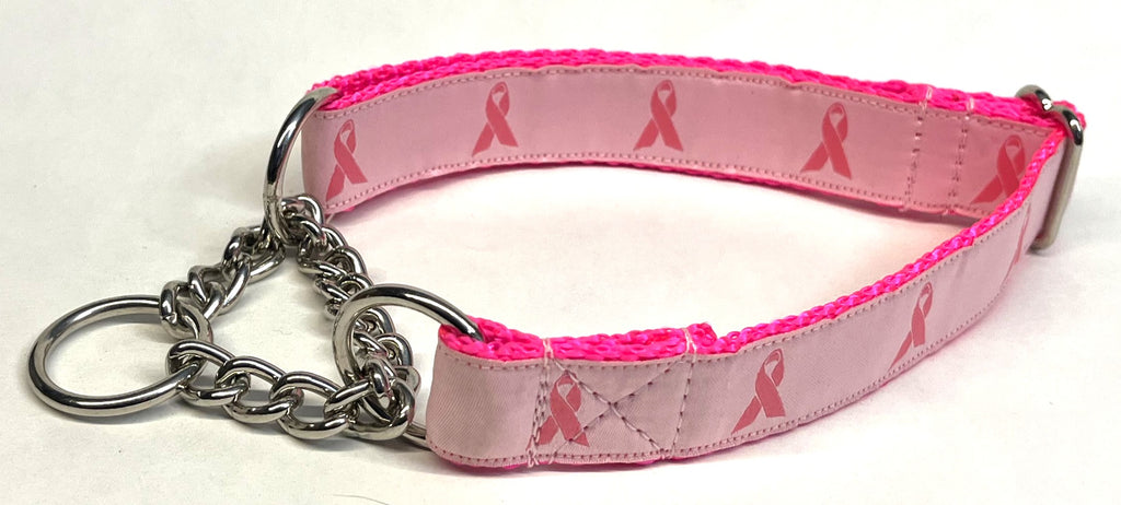 Breast Cancer Awareness Ribbon Chain Martingale Collar 1in