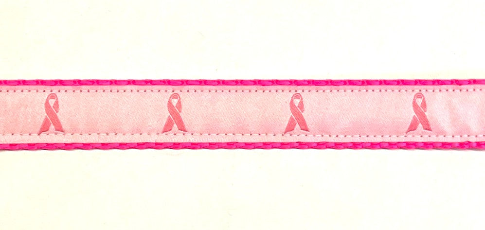 Breast cancer awareness ribbon dog leash on pink webbing