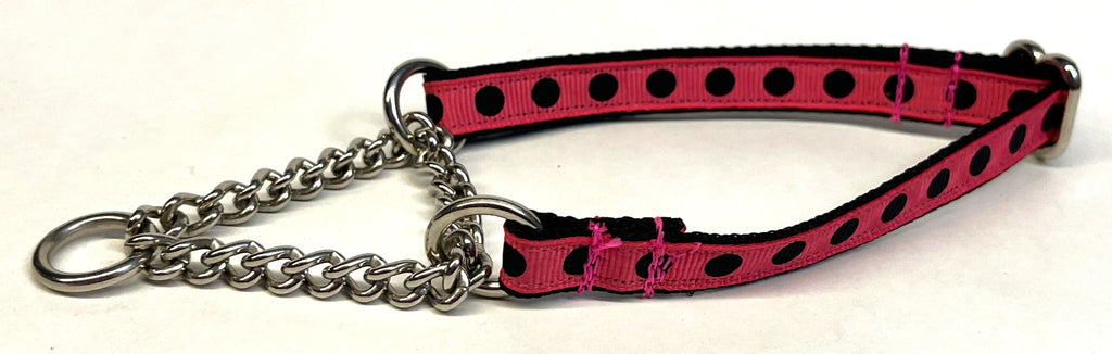 Bright Pink with Black Dots Chain Martingale Collar 1/2