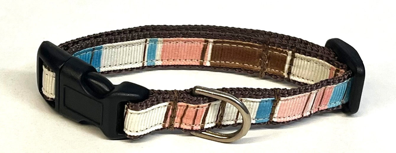 Brown, Light Pink, Pink, Blue, and White Vertical Stripe Dog Collar 1/2