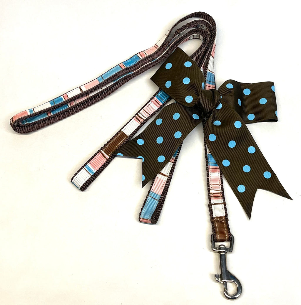 Brown, Light Pink, Pink, Blue, and White Vertical Stripe Dog Leash 1/2