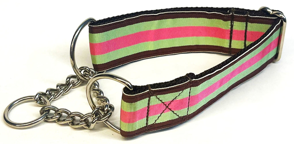 Brown, Seafoam Green, and Pink Stripe Chain Martingale Collar 1 1/2 in