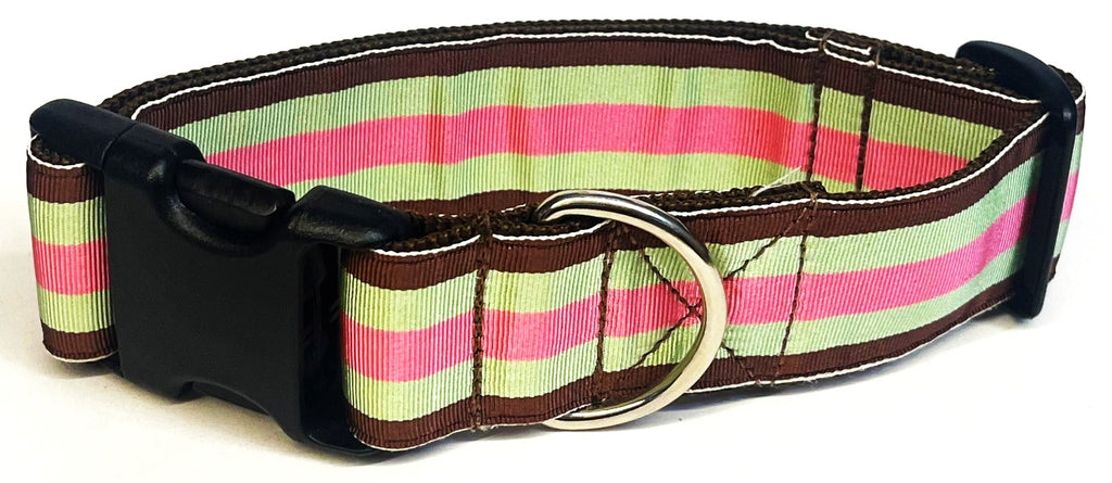Brown, Seafoam Green, and Pink Stripe Dog Collar 1 1/2 in