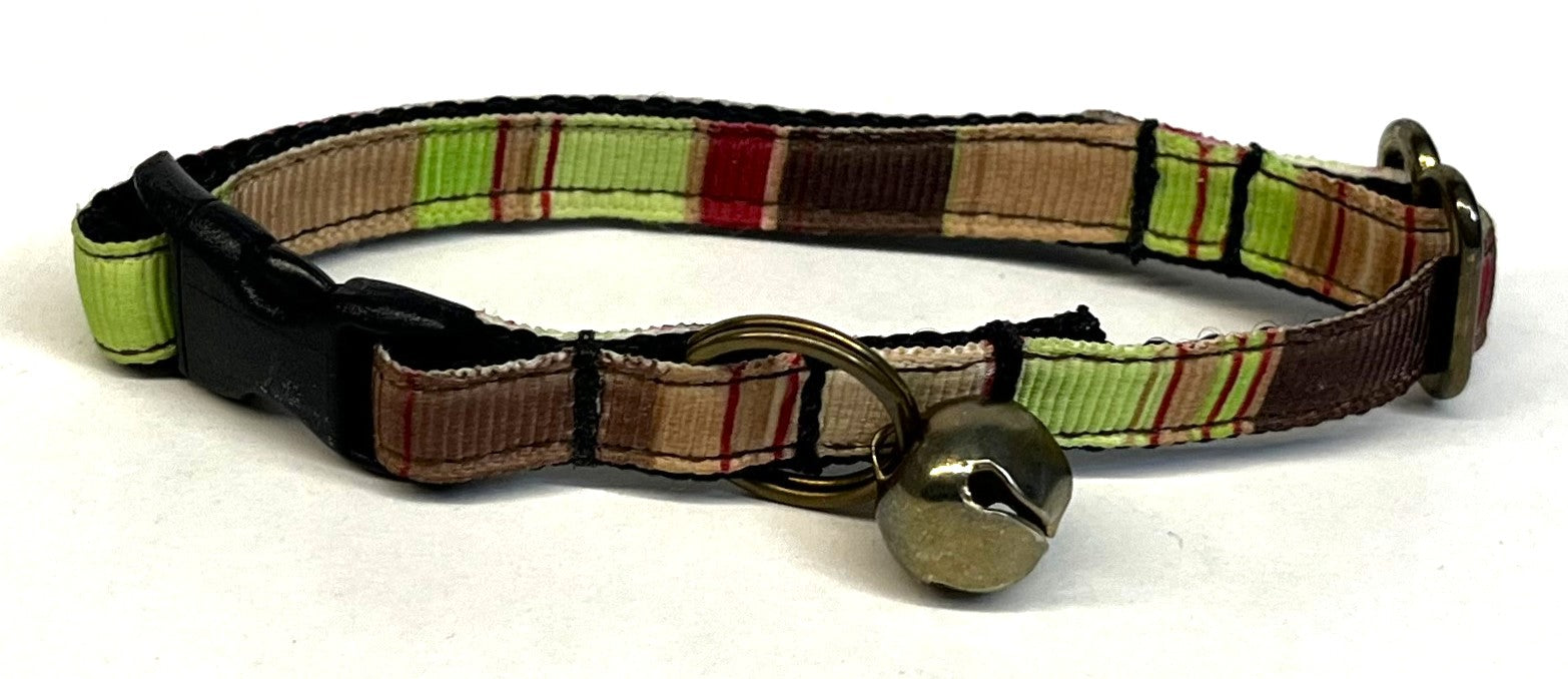 Brown, Tan, Red, and Green Vertical Stripe Cat Collar