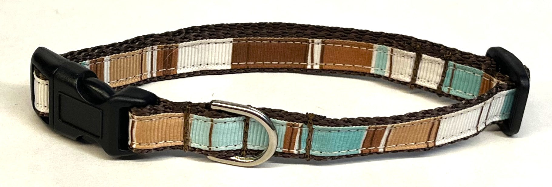 Brown, White, Tan, and Aqua Vertical Stripes Dog Collar 1/2