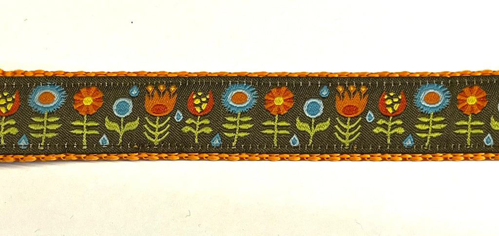 Brown with Blue, Orange, and Red Flowers Dog Collar 1in