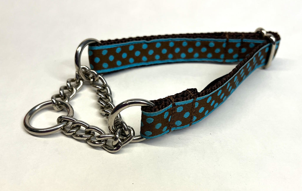 Brown with Blue Polka Dots Chain Martingale Collar 3/4