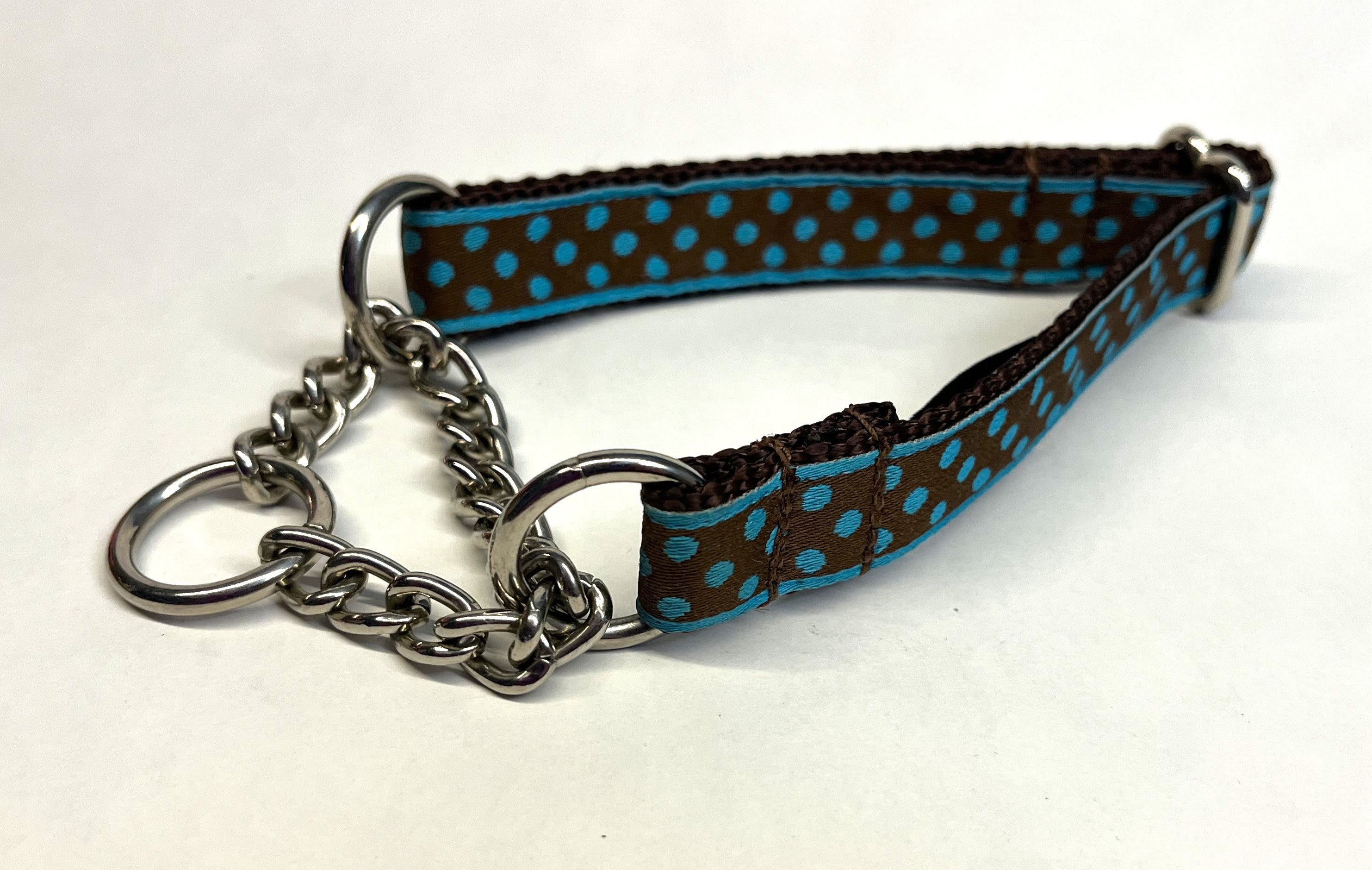 Brown with Blue Polka Dots Chain Martingale Collar 3/4