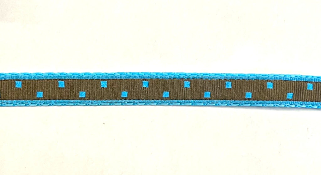 Brown ribbon with blue square dots on turquoise webbing dog collar