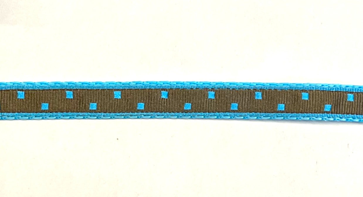Brown ribbon with blue square dots on turquoise webbing dog collar