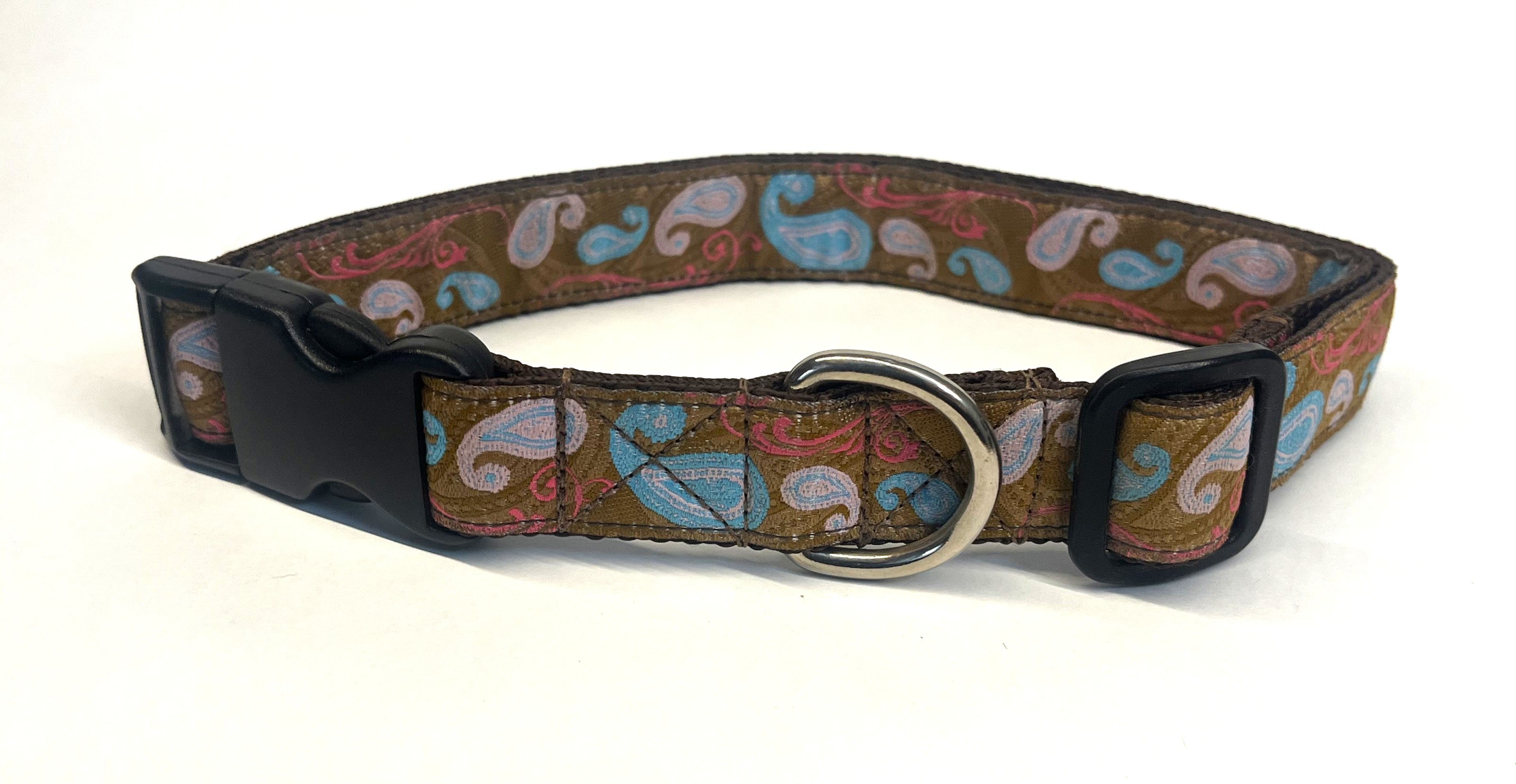 Brown with Blue and Pink Paisley Design Dog Collar 1in