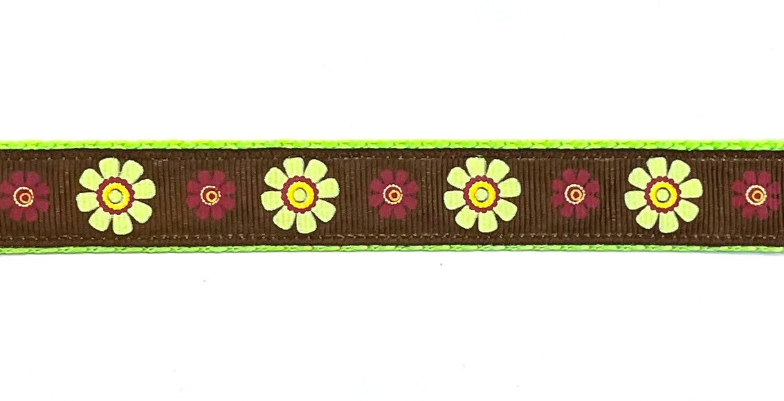 Brown with Green and Burgundy Flowers Dog Collar 3/4 inch on green webbing