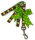 Brown with Green and Burgundy Flowers Dog Leash 3/4 inch on green webbing with bow