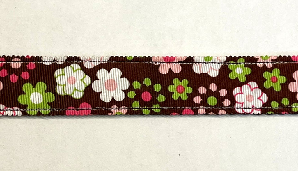 Brown with Pink Green White Flowers Dog Collar 1in