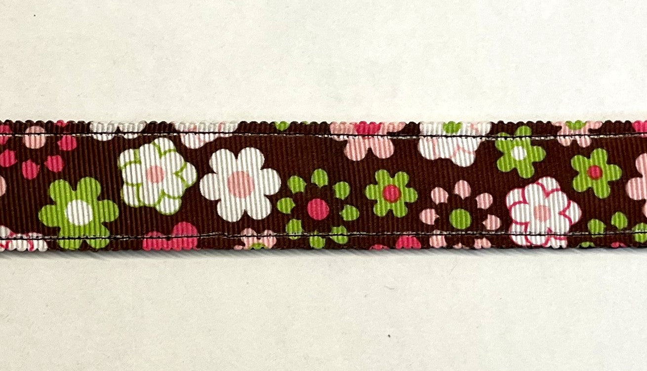 Brown with Pink Green White Flowers Dog Collar 1in