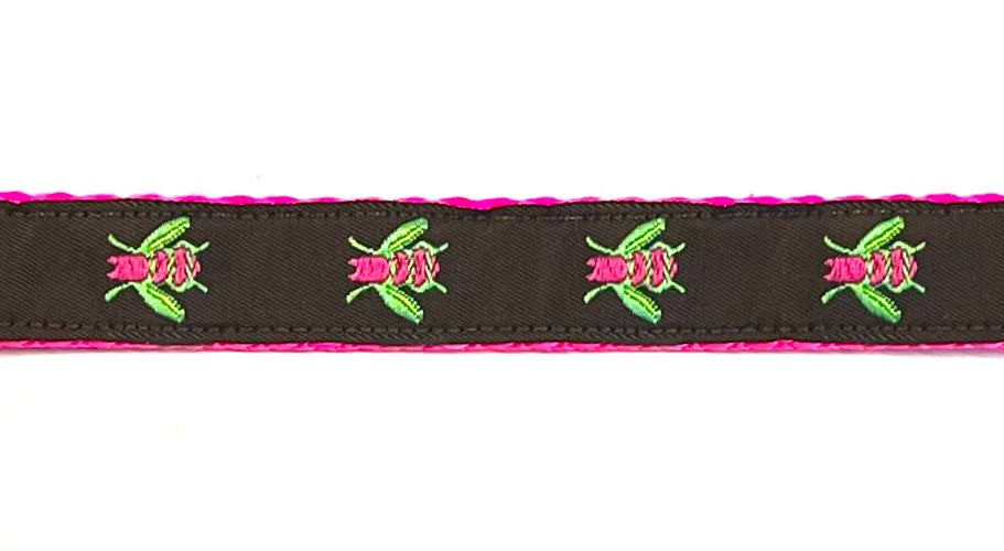 Brown with pink and green flies dog collar on pink webbing