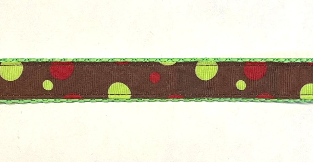 Brown with Red and Green Bubble Dots Dog Collar 3/4 inch on green webbing