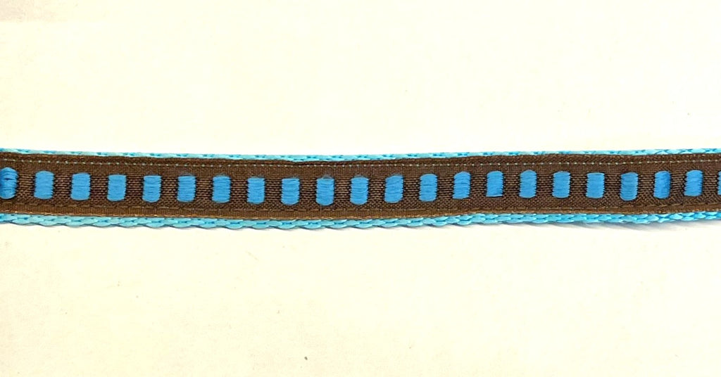 Brown ribbon with turquoise rectangles on turquoise webbing dog collar
