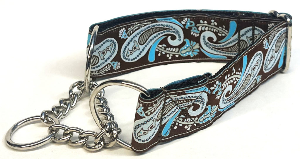 Brown with Blue Paisley Design Chain Martingale Collar 1 1/2 in