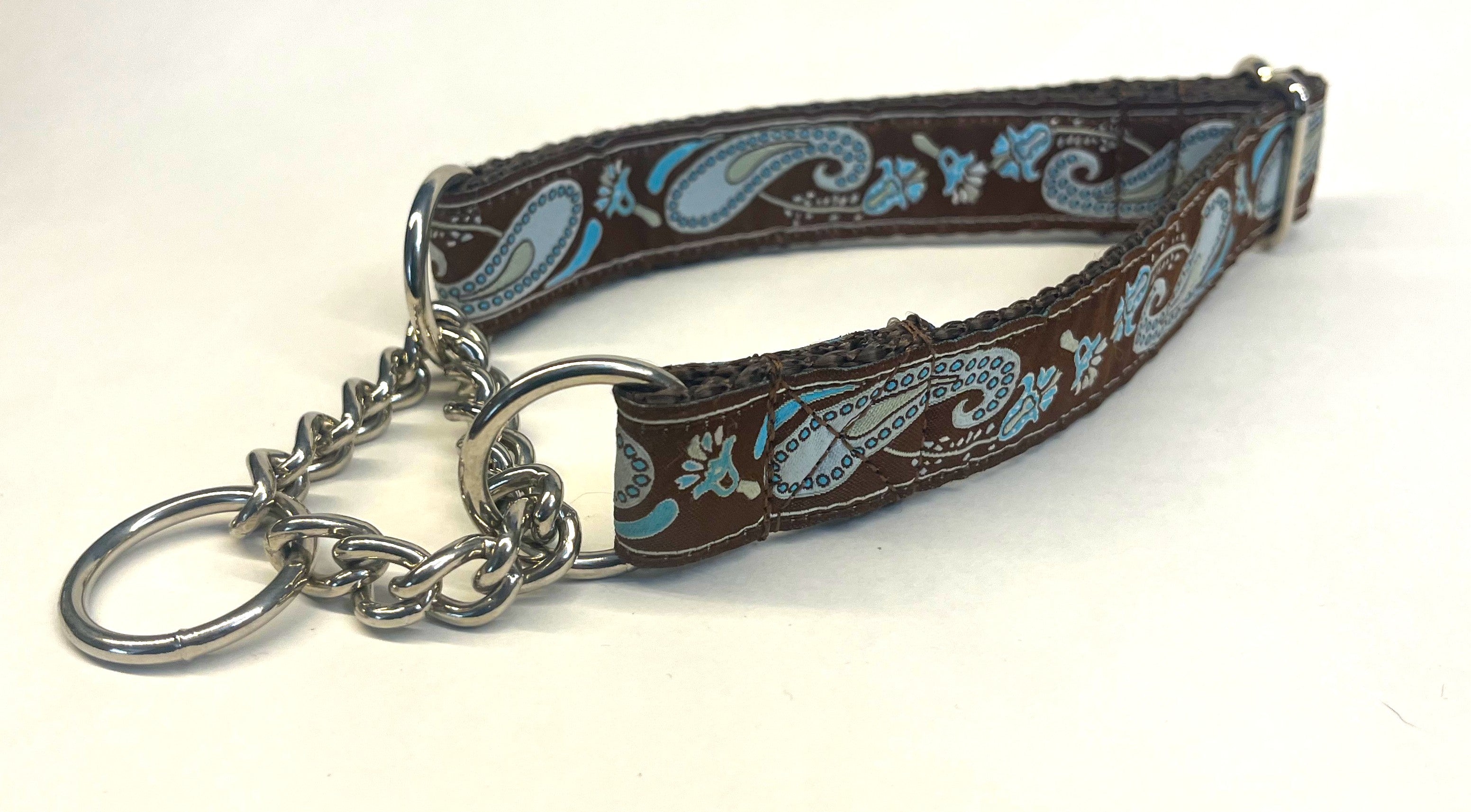Brown with Blue Paisley Design Chain Martingale Collar 1in
