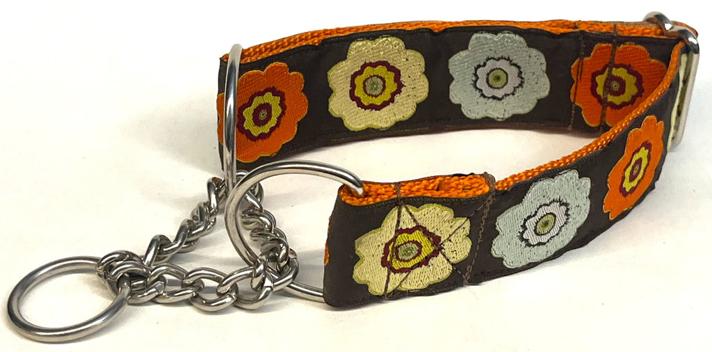 Brown with Blue, Orange, and Green Flowers Chain Martingale Collar 1 1/2 in