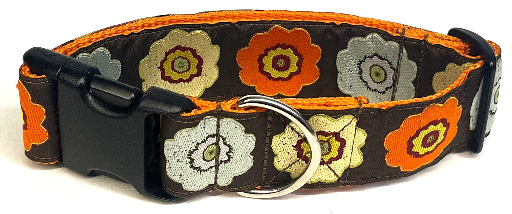 Brown with Blue Orange and Green Flowers Dog Collar 1 1/2 in