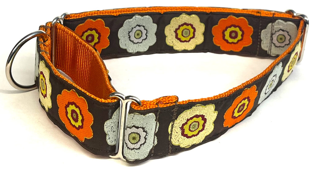 Brown with Blue, Orange, and Green Flowers Martingale Collar 1 1/2 in