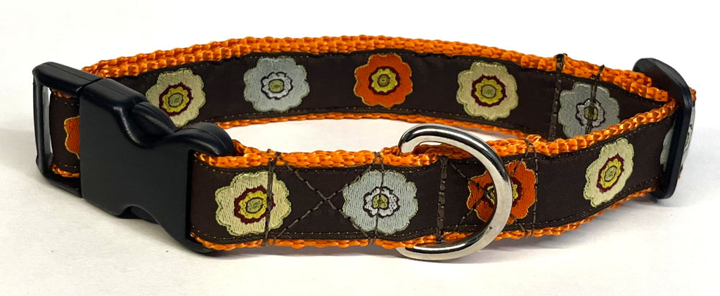 Brown with Blue, Orange, and Green Flowers Dog Collar 1in