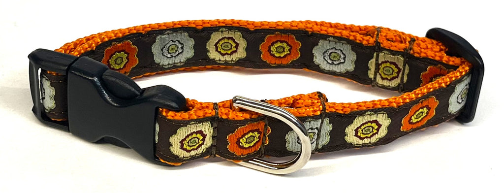 Brown with Blue Orange and Green Flowers Dog Collar 3/4