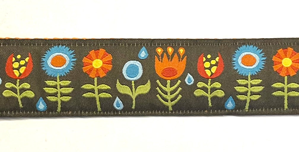 Brown with Blue, Orange, and Red Flowers Chain Martingale Collar 1 1/2 in