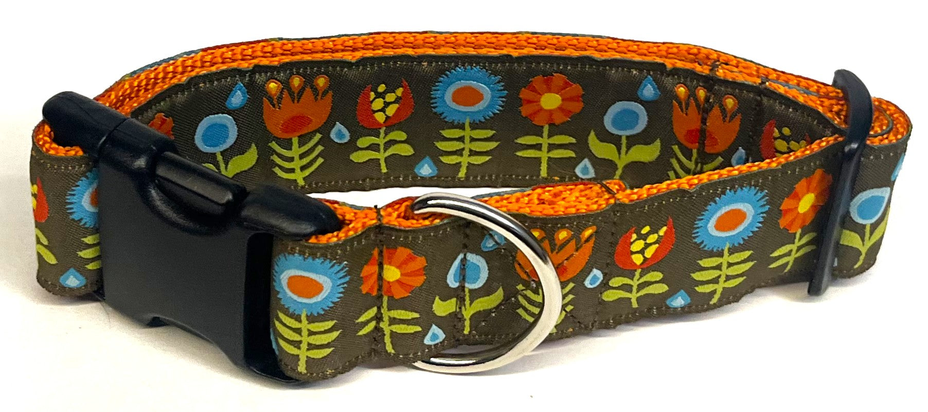 Brown with Blue, Orange, and Red Flowers Dog Collar 1 1/2 in
